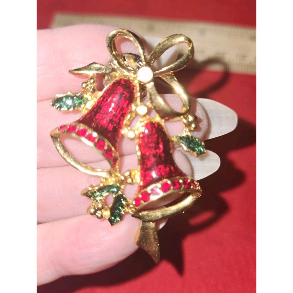 Vintage Christmas Red Enamel Twin Bells Brooch/Pin Rhinestones & Holly 80s/90s